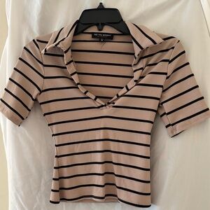 See You Monday Tan and Black Striped Blouse